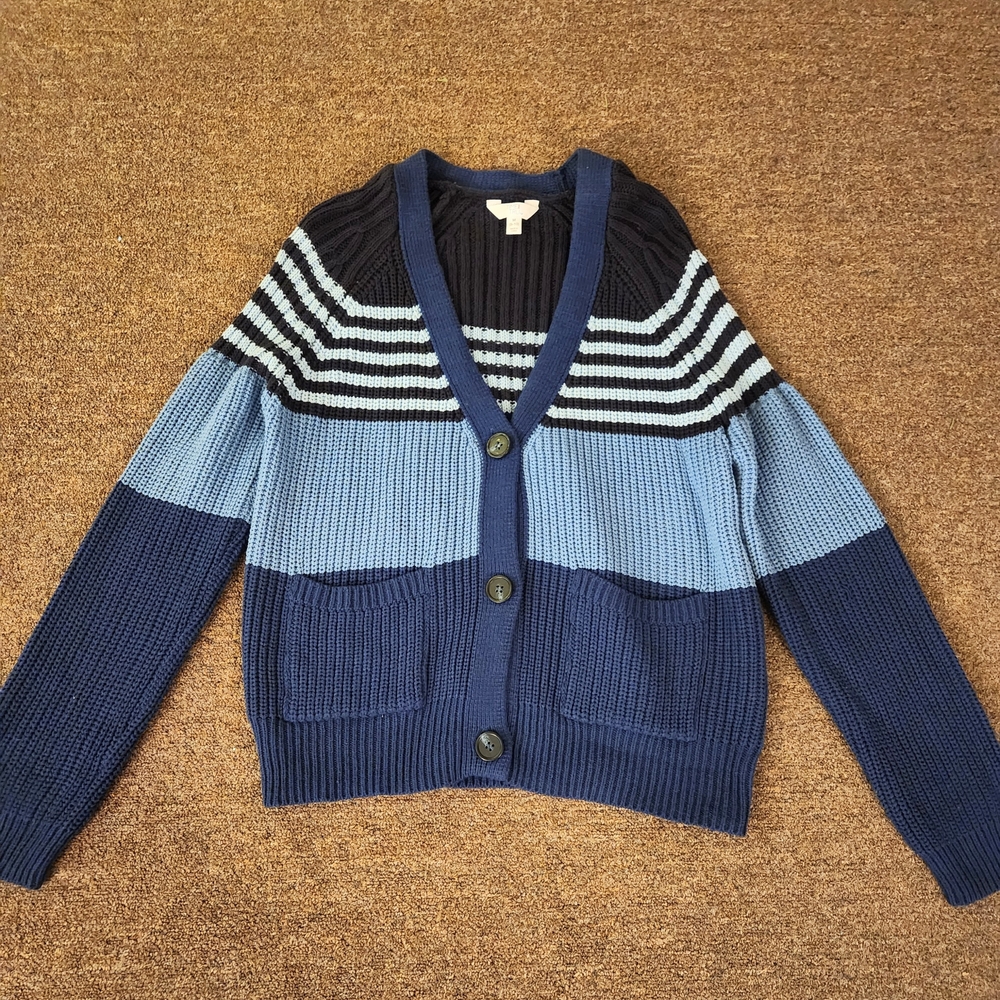 Time and Tru Blue Striped Chunky Knit Button Cardigan (Size M)